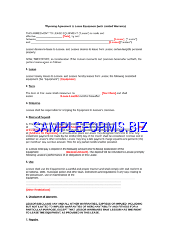 Wyoming Agreement to Lease Equipment (with Limited Warranty) Form docx pdf free