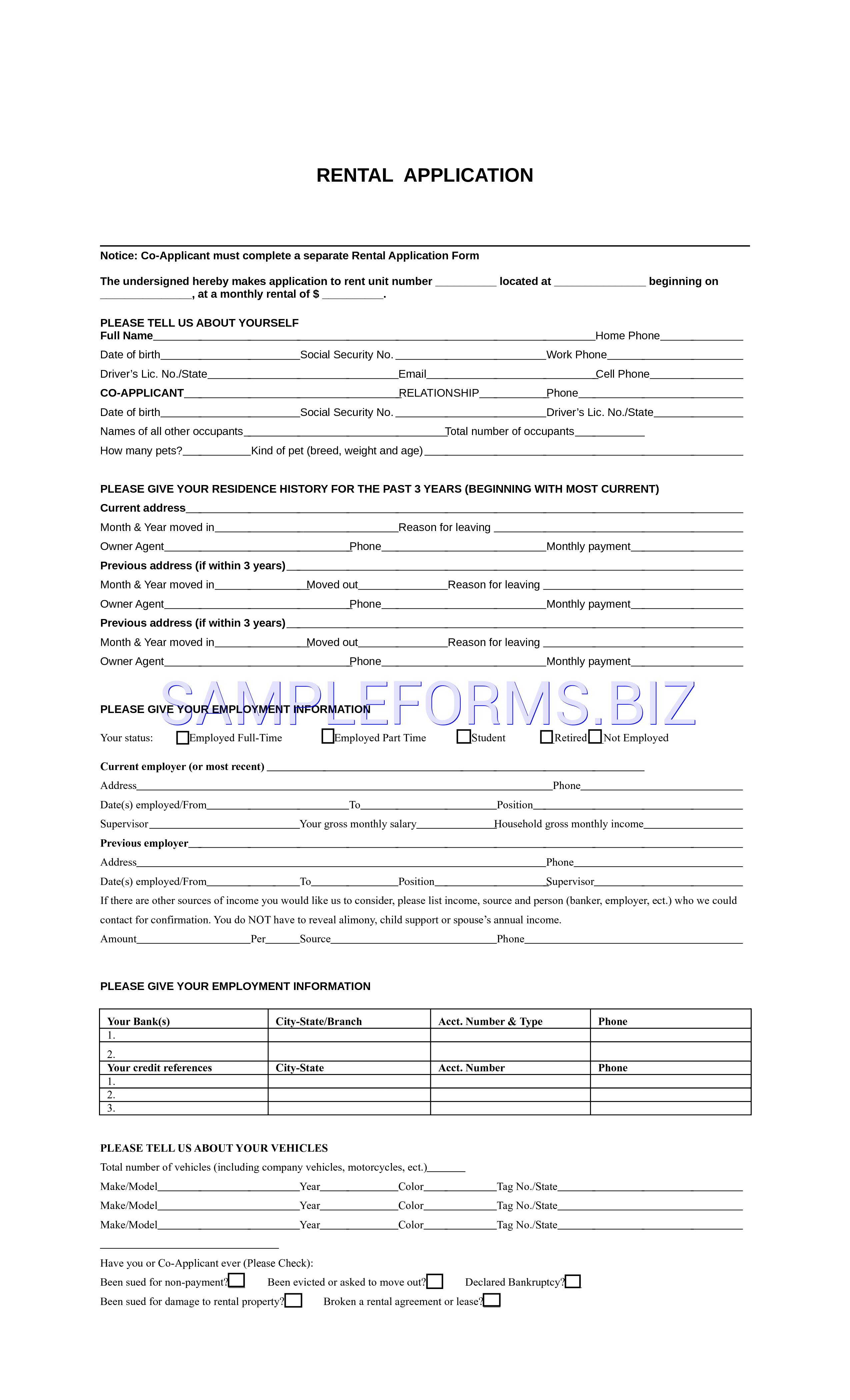 Preview free downloadable Wyoming Rental Application Form in PDF (page 1)